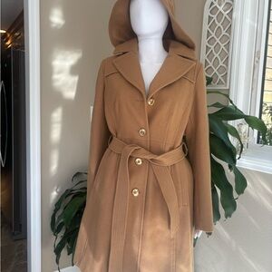 Michael Kors Tan Hooded Trench Coat with Gold Accents